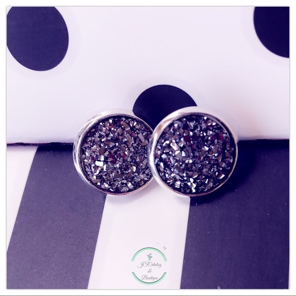 Gunmetal Flat Druzy Stainless Steel Studs Earrings